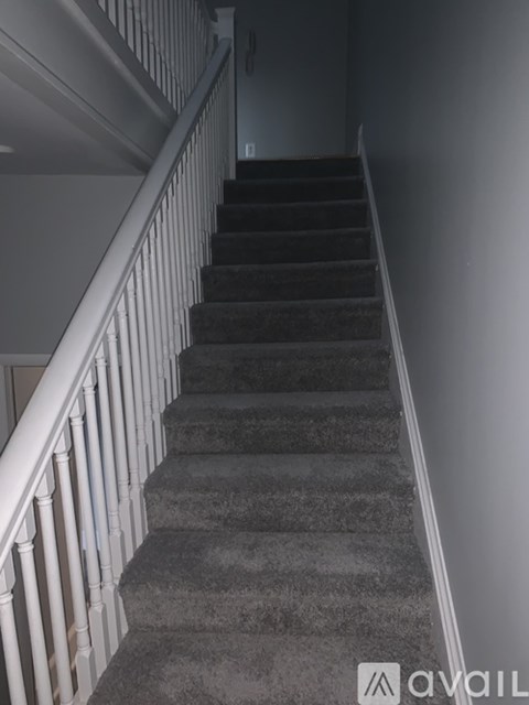 A staircase with a carpeted runner and white balusters.
