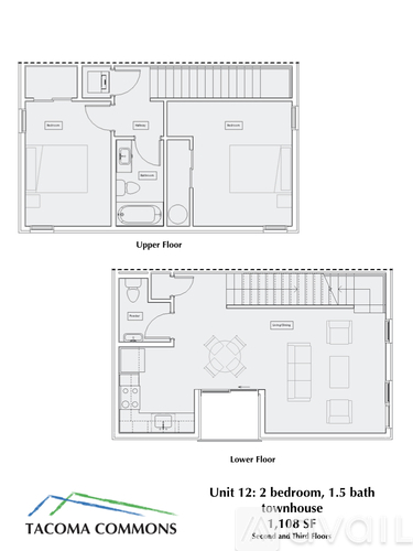 A floor plan for a 2 bedroom, 1.5 bath townhouse.