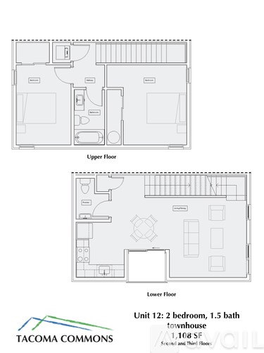 A floor plan for a 2 bedroom, 1.5 bath townhouse.