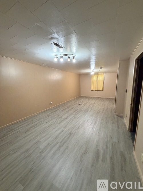 A room with wooden flooring and a light on the ceiling.