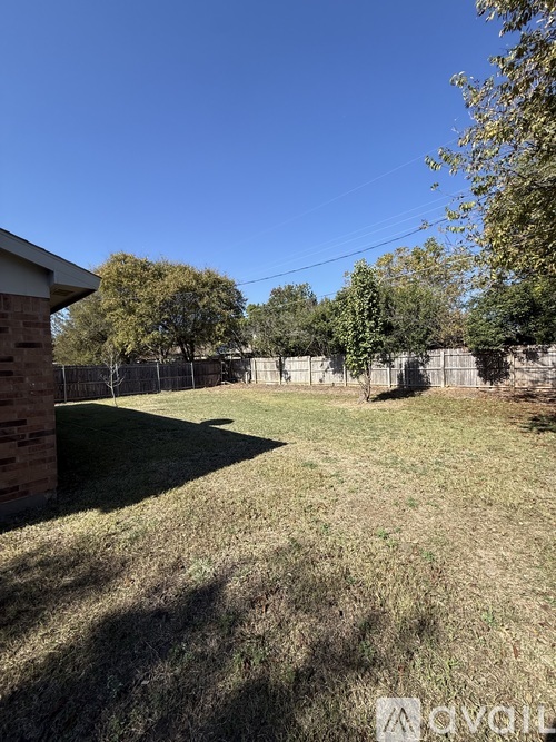 A backyard with a fence and trees.