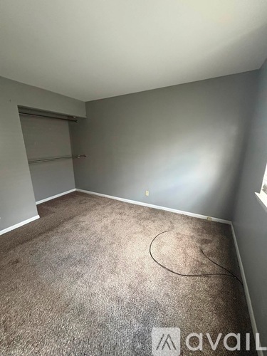 A room with a carpeted floor and a closed door.