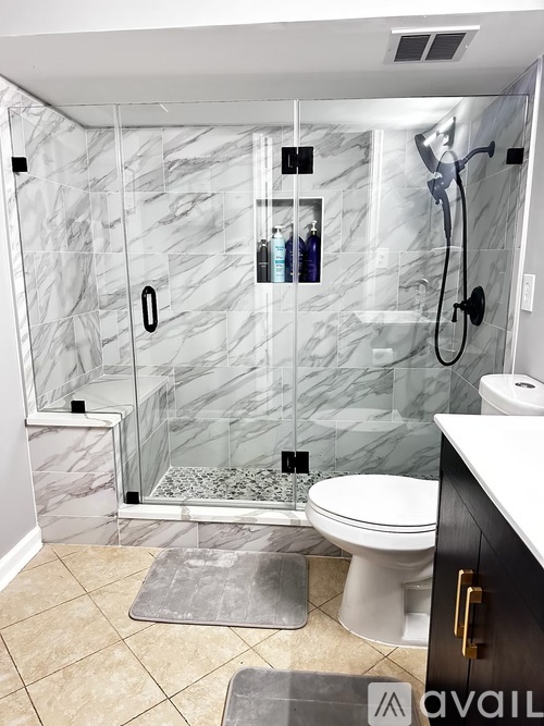 A bathroom with a marble shower and toilet.