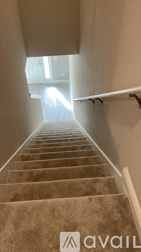 A staircase with a carpeted runner and a metal handrail.