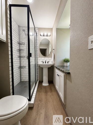 A bathroom with a toilet, sink, and mirror.