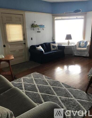 A living room with a black couch and a grey rug.