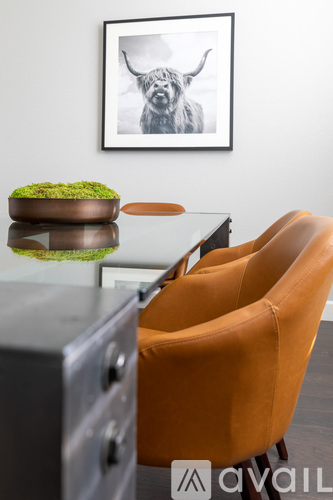 A modern dining area with a glass table, orange chairs and a framed picture of a dog on the wall.