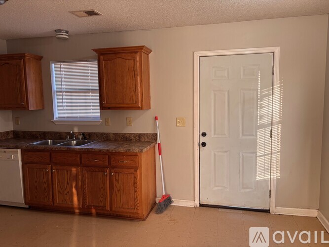A kitchen with wooden cabinets and a white door.