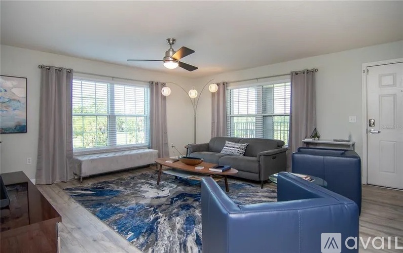 A living room with a grey couch and a blue rug.