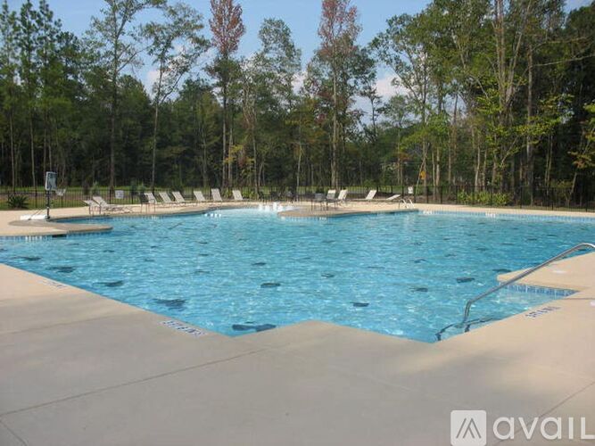 A large outdoor swimming pool surrounded by trees.