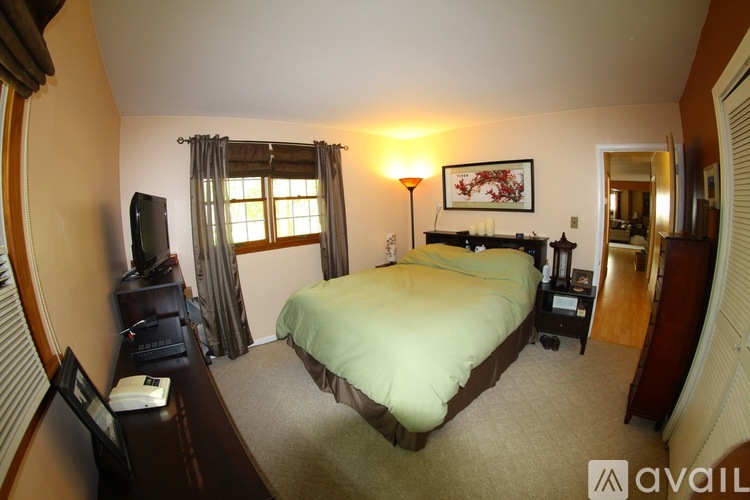 A bedroom with a bed, dresser, and mirror.