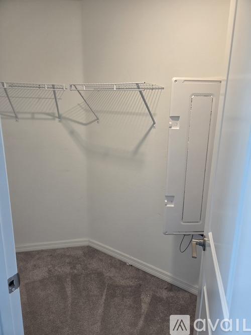 A small closet with a white door and a carpeted floor.