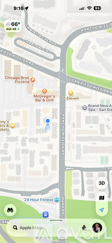 A map shows a street with a 24 hour fitness center and a pizza place.
