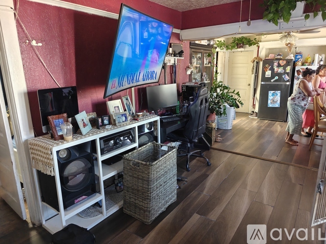 A living room with a television and a woman standing in the background.