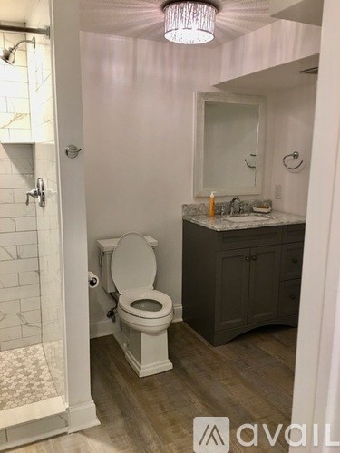 A bathroom with a toilet, sink, and mirror.