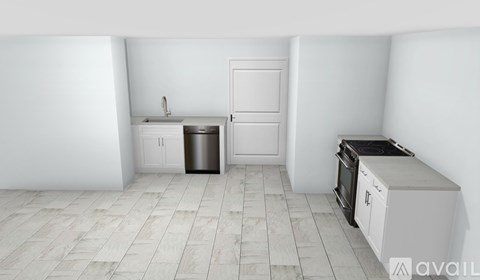 A kitchen with a white oven and microwave.