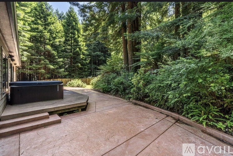 A backyard with a hot tub surrounded by trees.