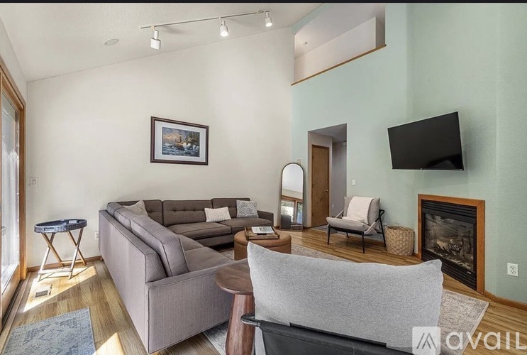 A living room with a grey couch and a fireplace.