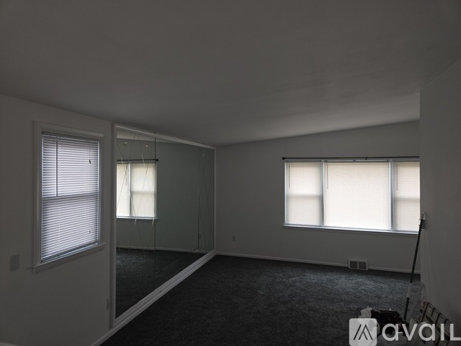 A room with two windows and a carpeted floor.
