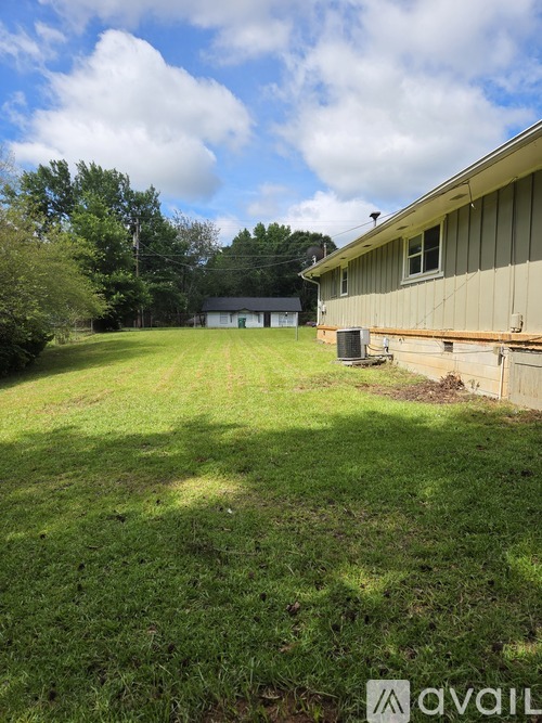 A grassy yard with a house and a shed in the background.