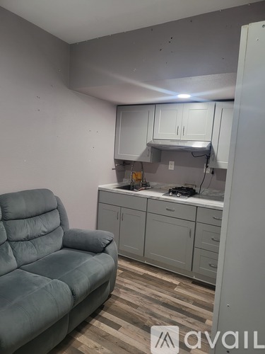 A grey sofa sits in a room with a kitchen area in the background.