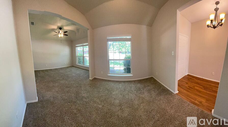 A spacious room with a ceiling fan and a window overlooking a tree-filled area.