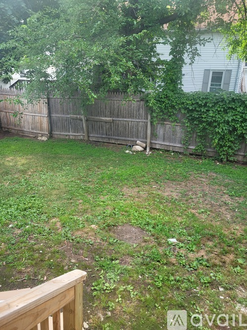 A backyard with a wooden fence and a tree.