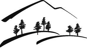 A black and white image of a mountain with trees.