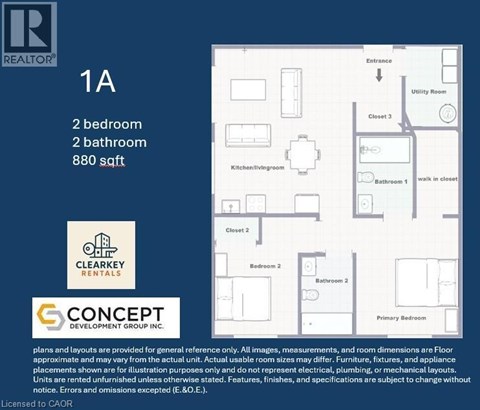 A floor plan for a 2 bedroom, 2 bathroom apartment sized at 880 sqft.