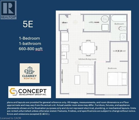 A floor plan for a 5E apartment with one bedroom and one bathroom.