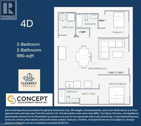 A floor plan for a 4D apartment with two bedrooms and two bathrooms.