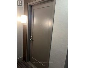 A brown door with a silver handle in a room.