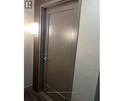 A brown door with a silver handle in a room.