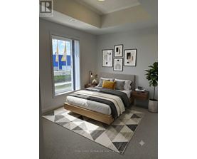 A bedroom with a large bed and a window overlooking a blue and yellow flag.