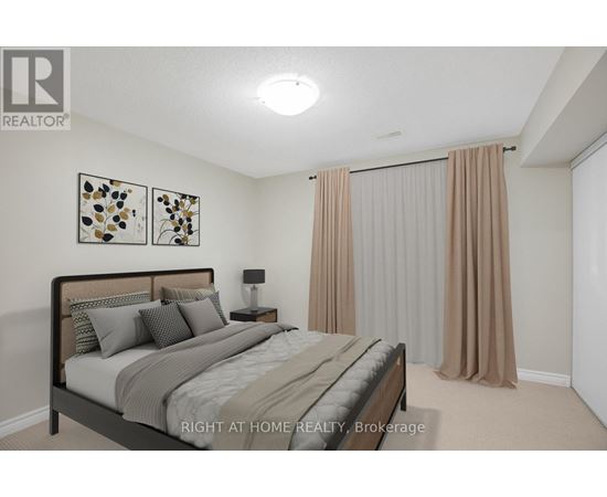 A bedroom with a bed, nightstand, and two framed pictures on the wall.