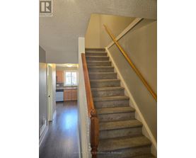 A staircase with a wooden handrail and grey steps.