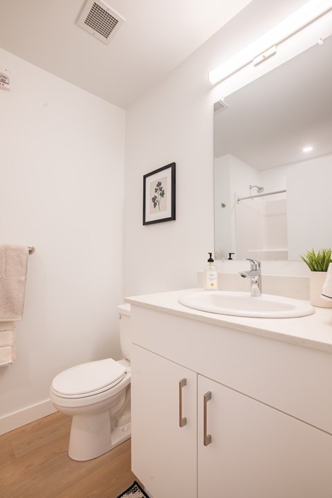 A white bathroom with a toilet, sink, and mirror.