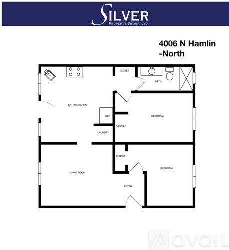 A floor plan for a property at 4006 N Hamlin shows a living room, two bedrooms, a bathroom, a laundry room, and a pantry.