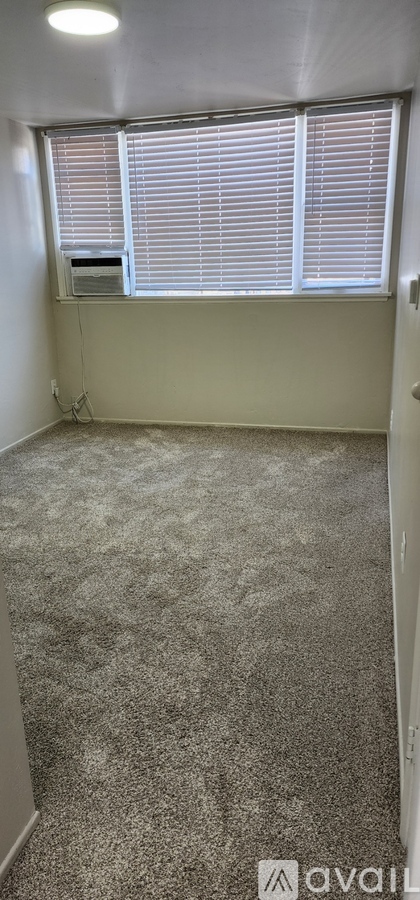 A bedroom with a white door and a carpeted floor.
