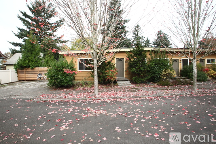 A house with a driveway covered in red leaves.