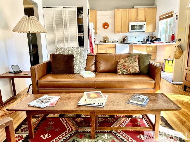 A living room with a brown couch and a rug.