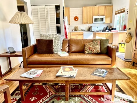A living room with a brown couch and a rug.