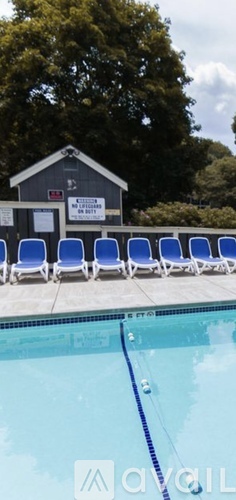 A pool with blue chairs and a building in the background.
