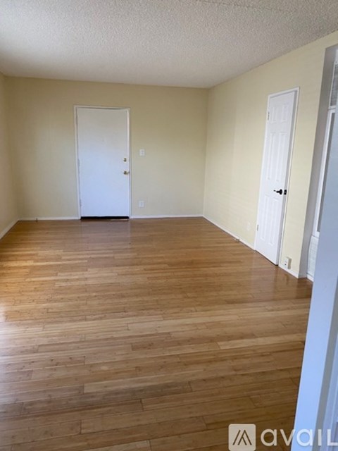 A room with wooden flooring and two white doors.