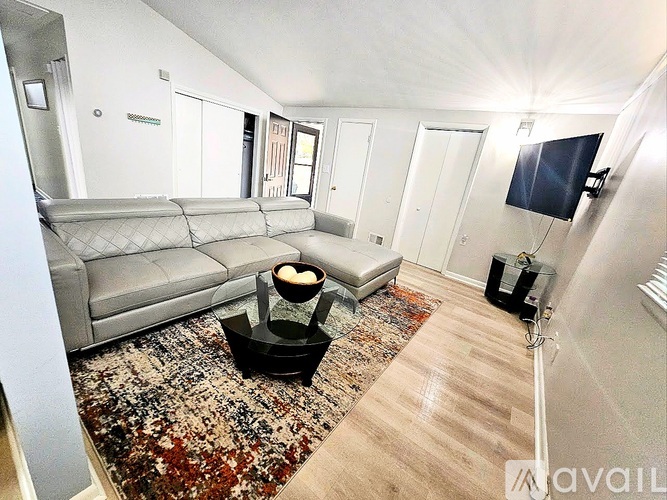 A living room with a grey sofa and a rug.