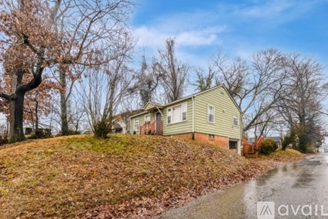 A house is situated on a hill with a tree covered in pink leaves in the foreground.