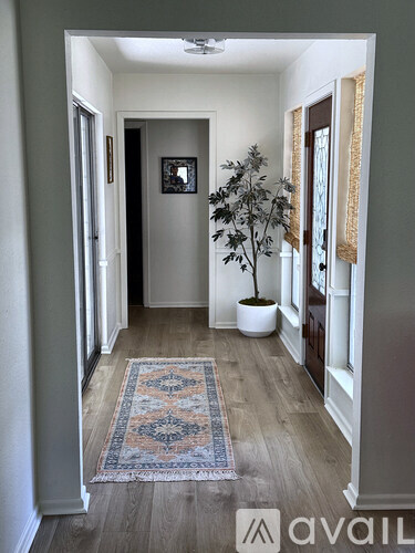 A hallway with a rug on the floor and a plant on the side.