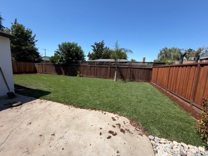A backyard with a brown fence and a green lawn.