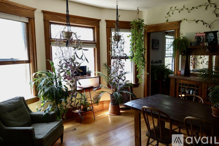 A living room with a couch, a table, and a variety of plants.