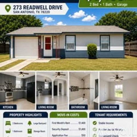 A house for rent at 273 Readwell Drive, San Antonio, TX 78220 is shown with property highlights, move-in costs, and tenant requirements.